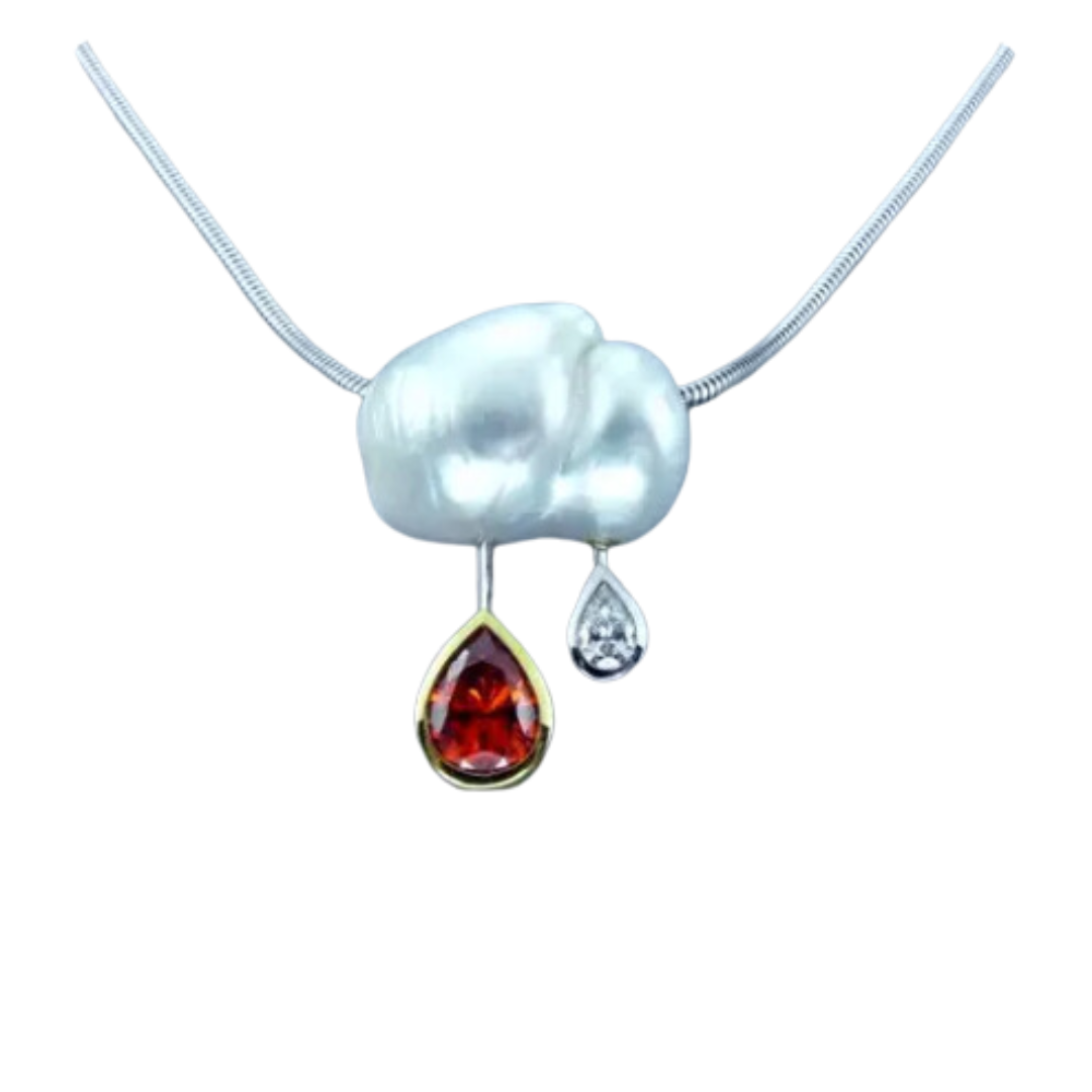 Natural Orange Zircon, Natural Diamond, and Natural Pearl Pendant
