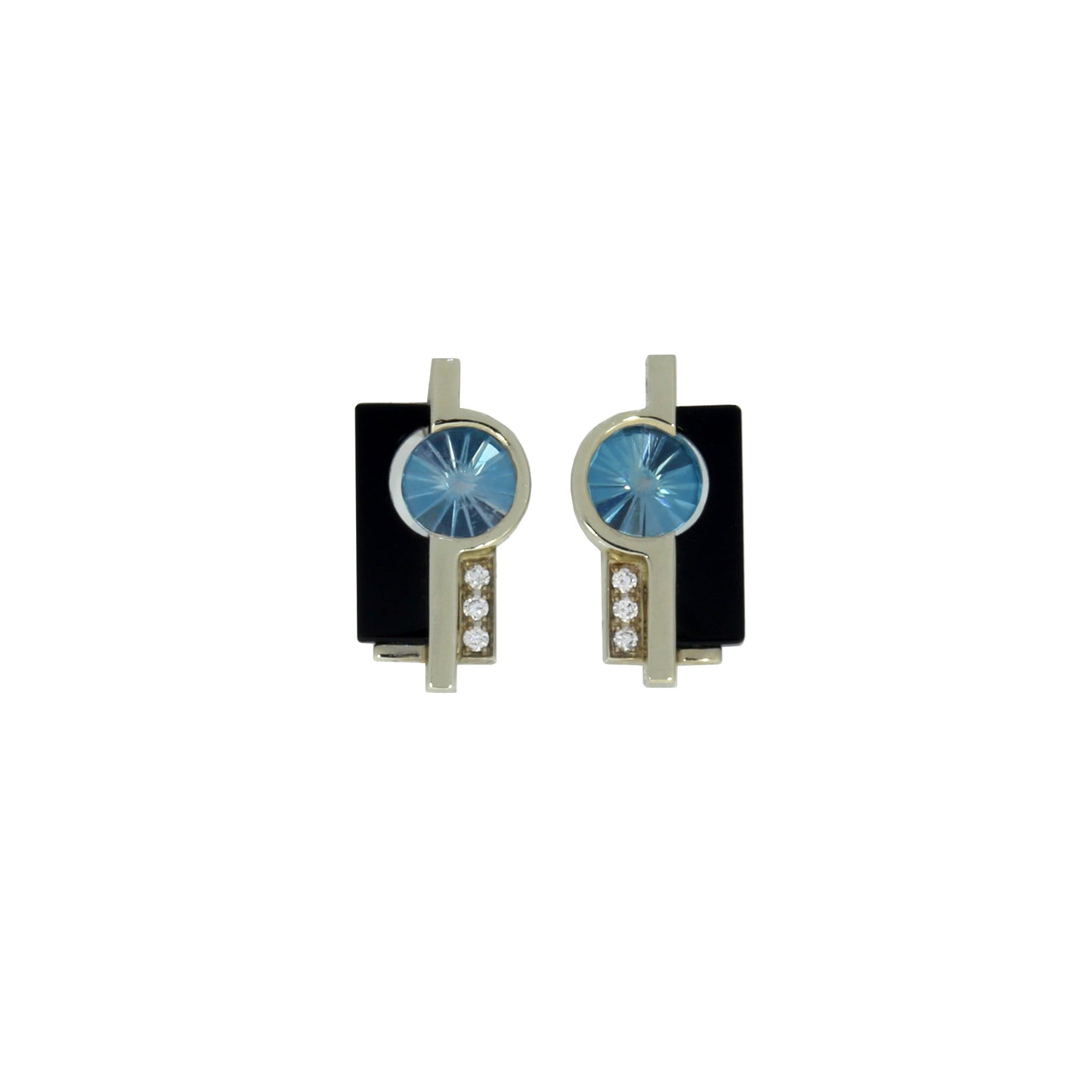 Art Deco Blue Zircon, Onyx and Diamond Earrings