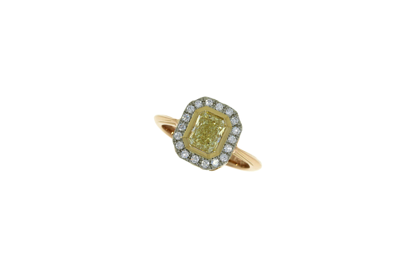 Art Nouveau Yellow Diamond Halo Three Tone Gold Ring