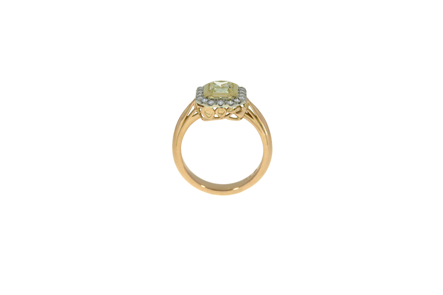 Art Nouveau Yellow Diamond Halo Three Tone Gold Ring