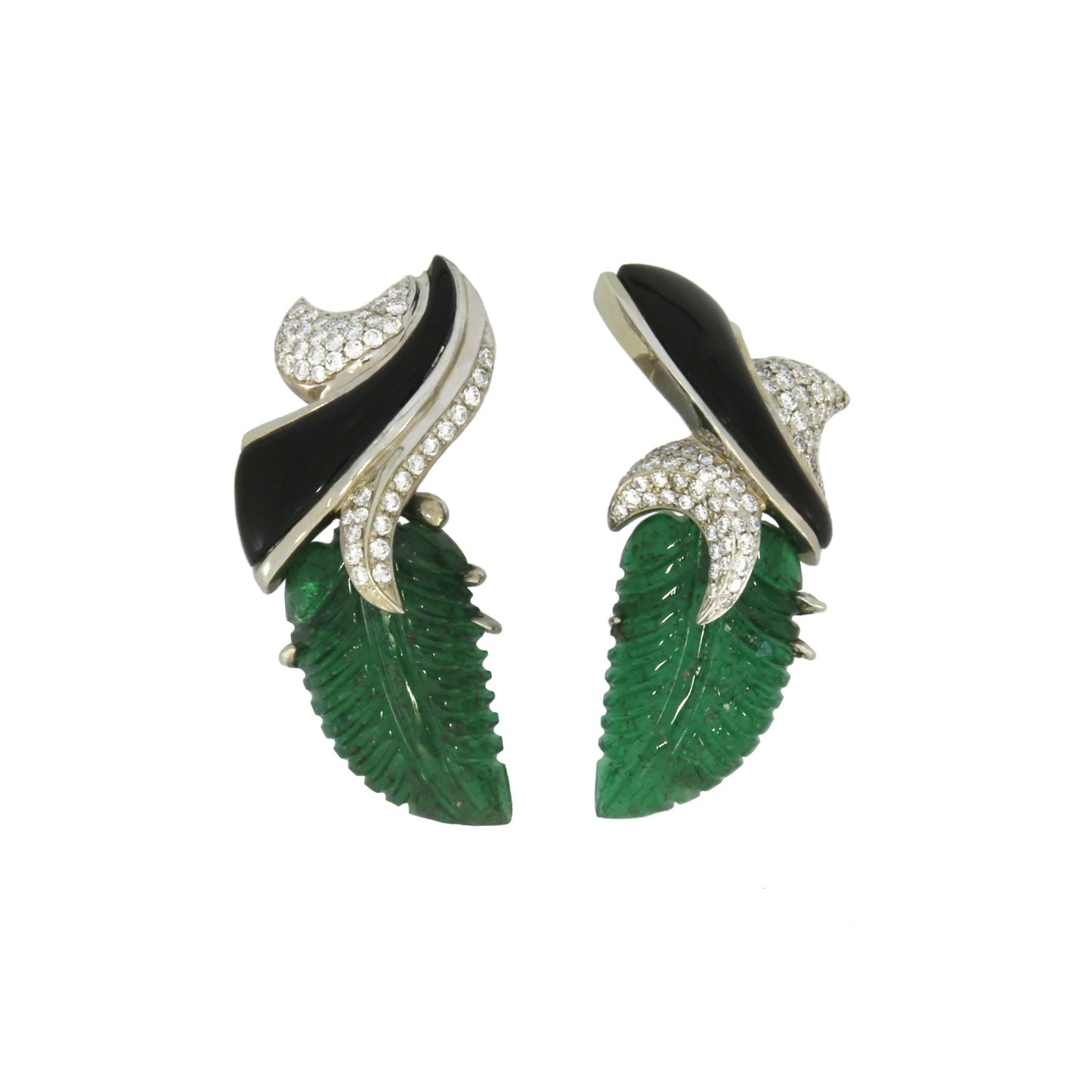 Carved Emerald, Onyx and Diamond Earrings