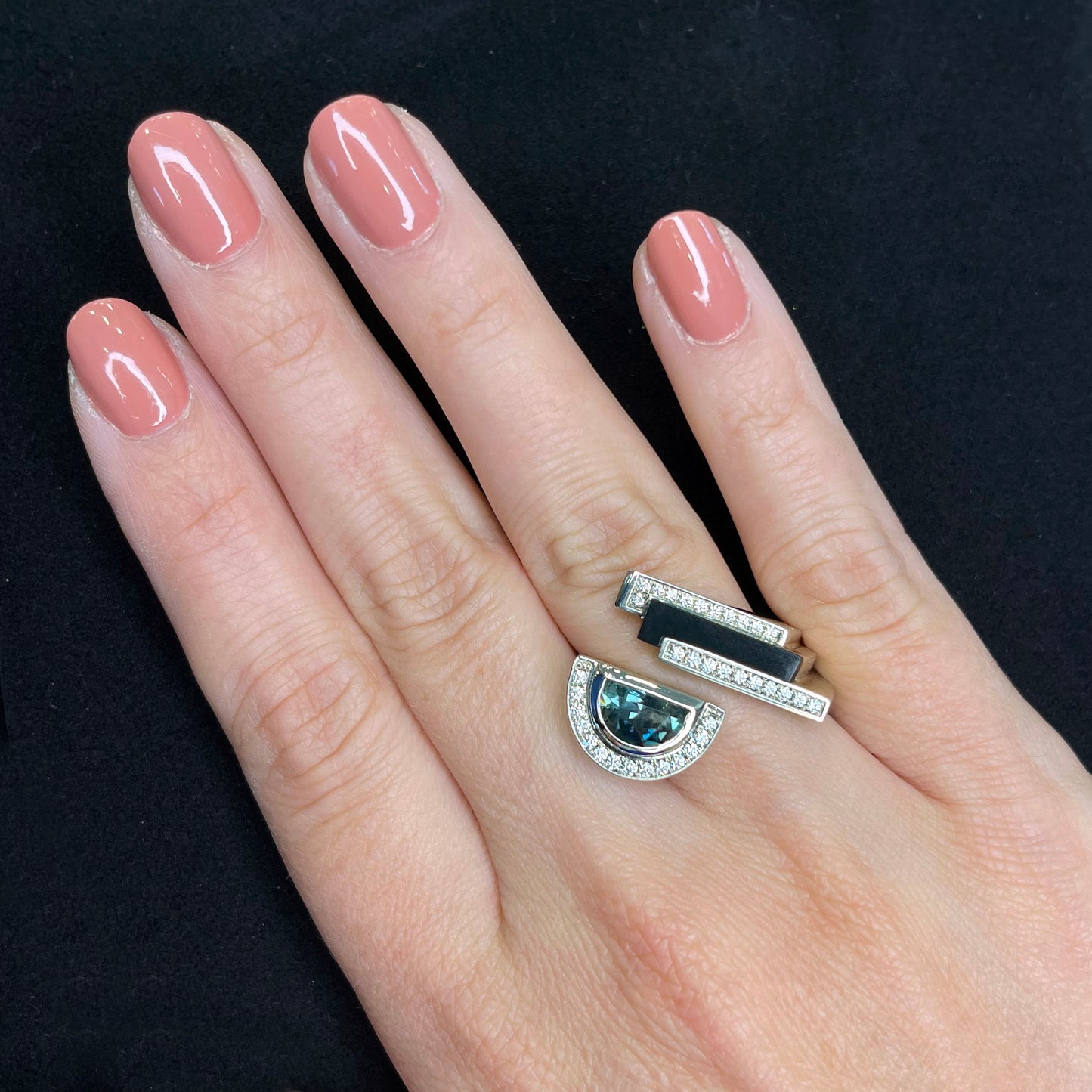 Modern Art Deco Half Moon Montana Sapphire Ring