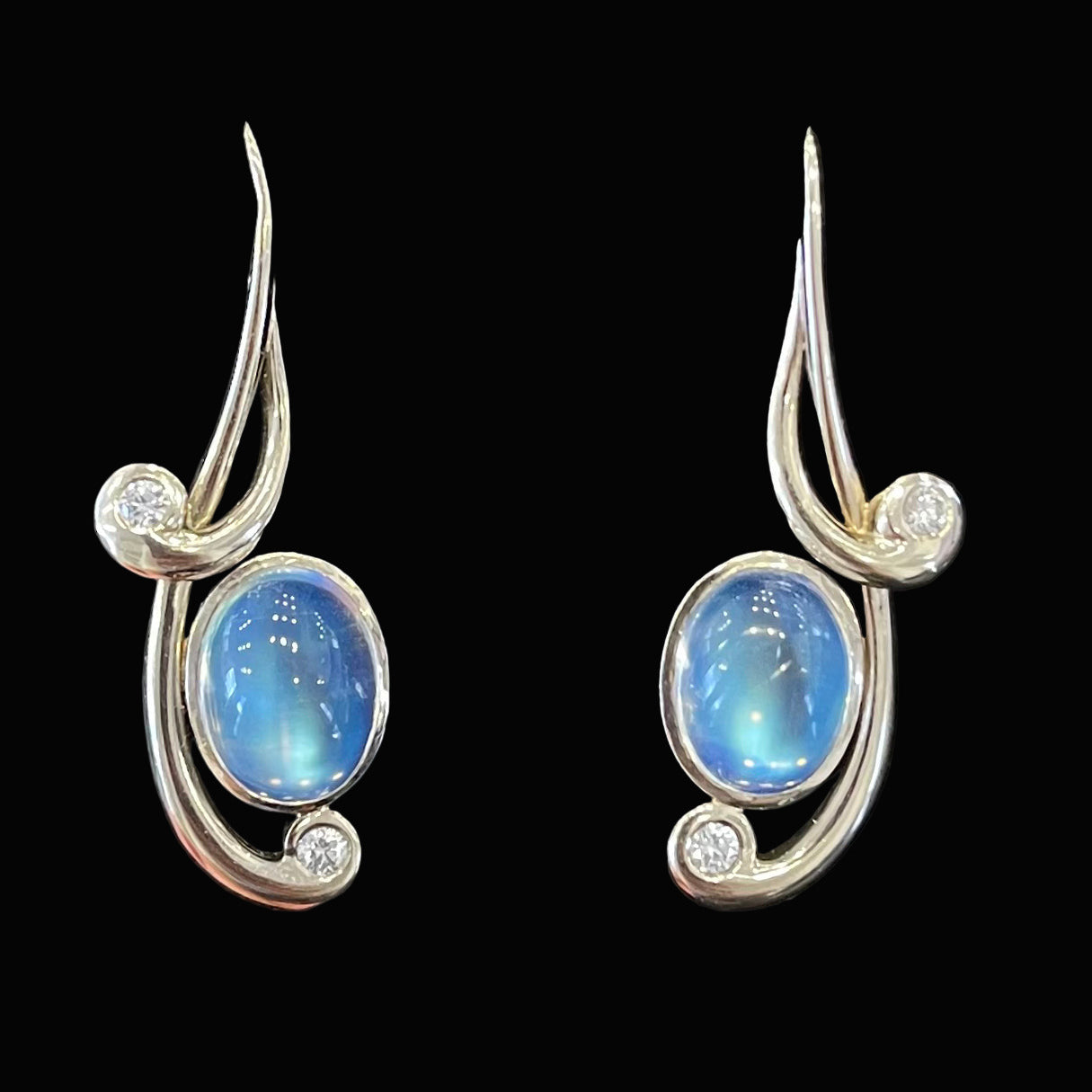 Pair of moonstone and diamond drop earrings in white gold