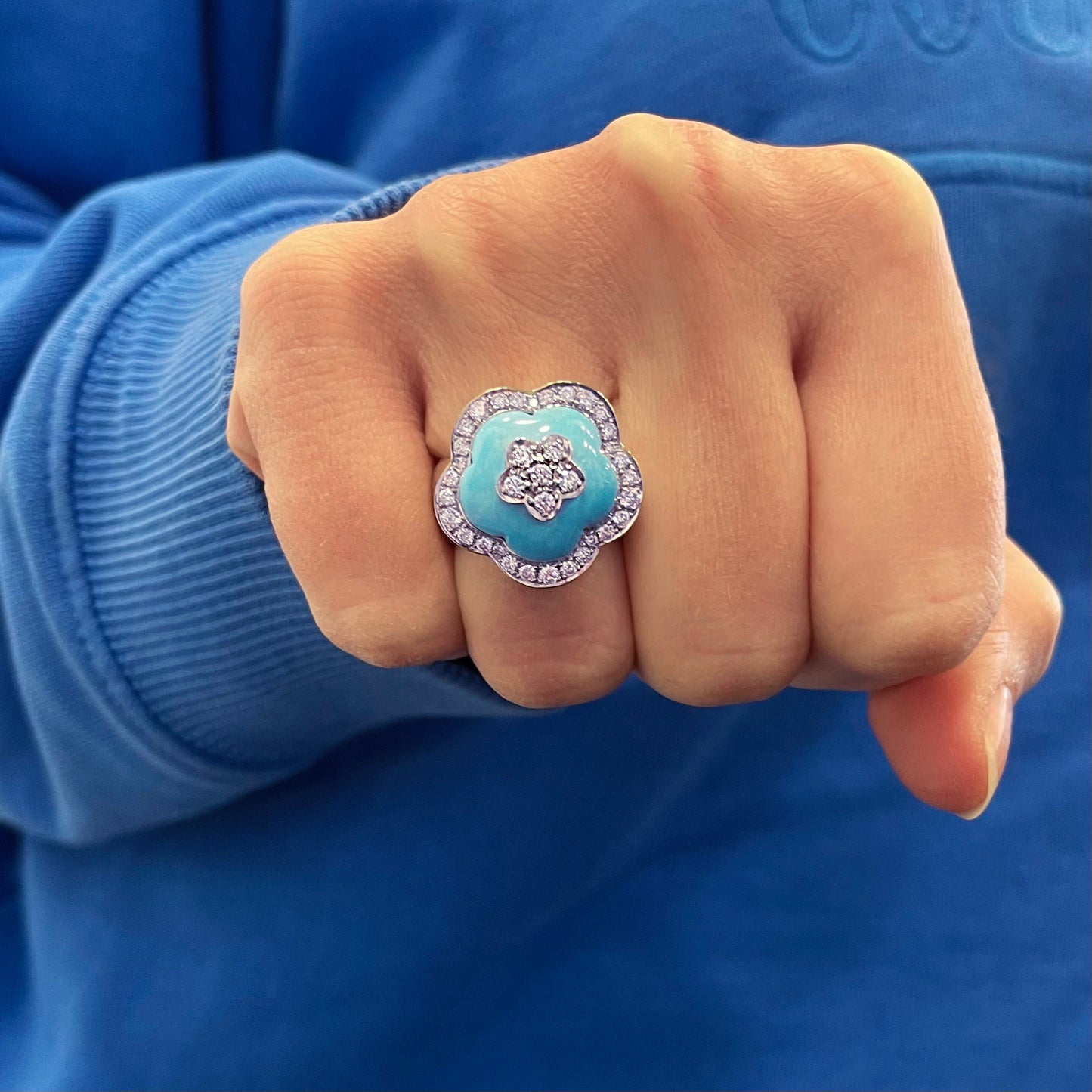 Turquoise and Diamond Flower Ring