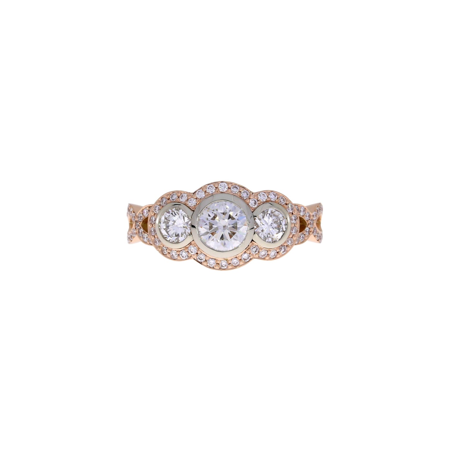 Two Tone Three Stone with Halo and Crossover Diamond Ring