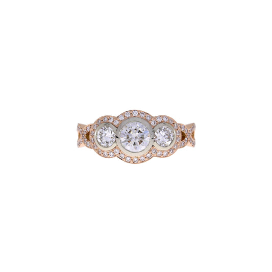 Two Tone Three Stone with Halo and Crossover Diamond Ring