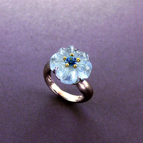 Carved Aquamarine Flower and Blue Sapphire Ring
