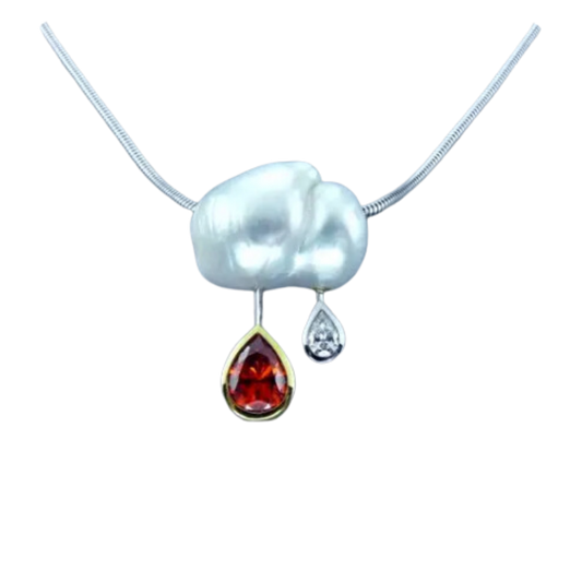 Natural Orange Zircon, Natural Diamond, and Natural Pearl Pendant