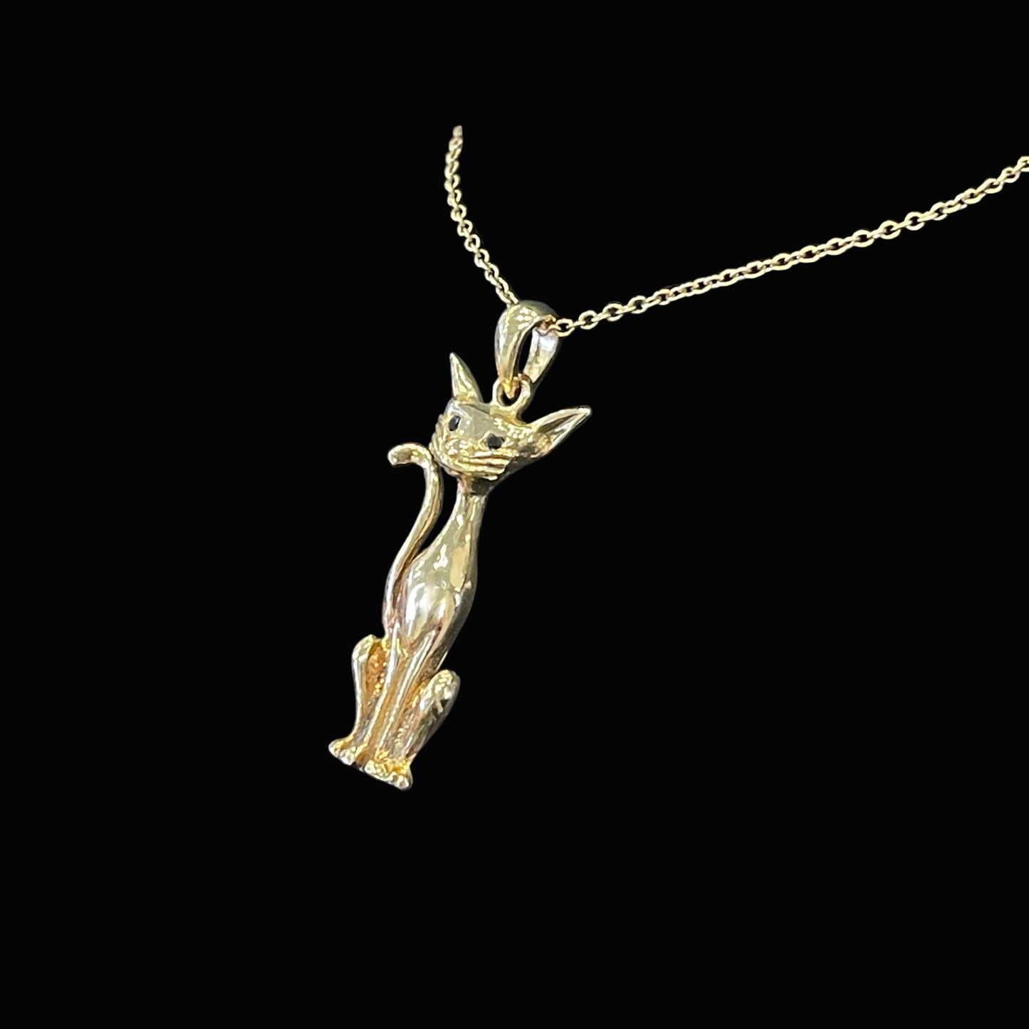 Gold cat-shaped pendant on a chain against a dark background