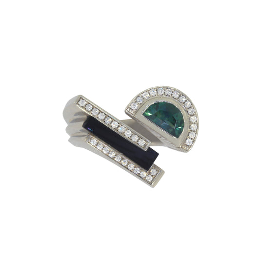 Modern Art Deco Half Moon Montana Sapphire Ring