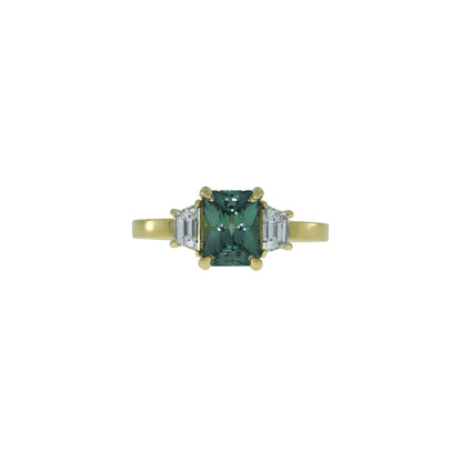 Bague de fiançailles en saphir bleu sarcelle et diamant trapézoïdal
