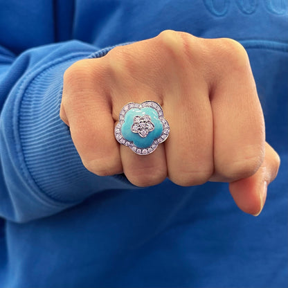 Turquoise and Diamond Flower Ring
