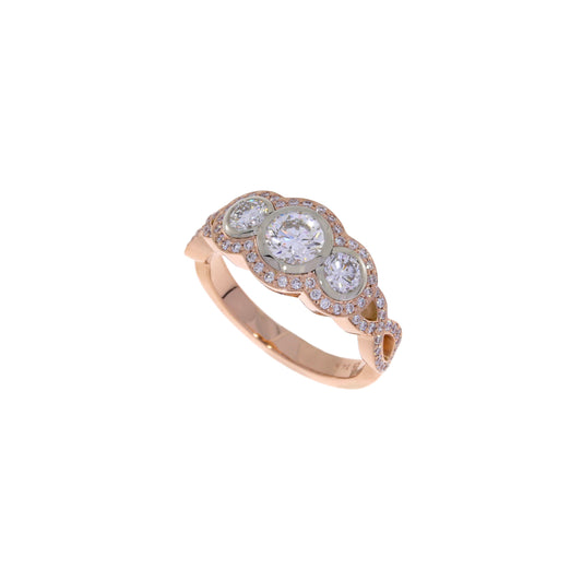 Two Tone Three Stone with Halo and Crossover Diamond Ring