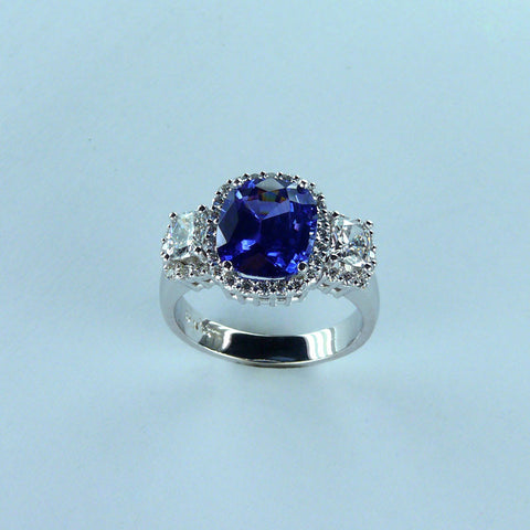 Three Stone Sapphire and Diamond Ring with Diamond Halos